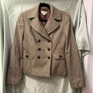 Ann Taylor Loft Tweed Blazer Dble Breasted Wool Blend Tan Brown Buttons Sz 4 EUC